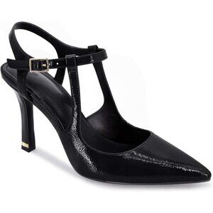 Coutgo Women's Black Pointed Toe Ankle Strap Patent Leather Stiletto High Heels